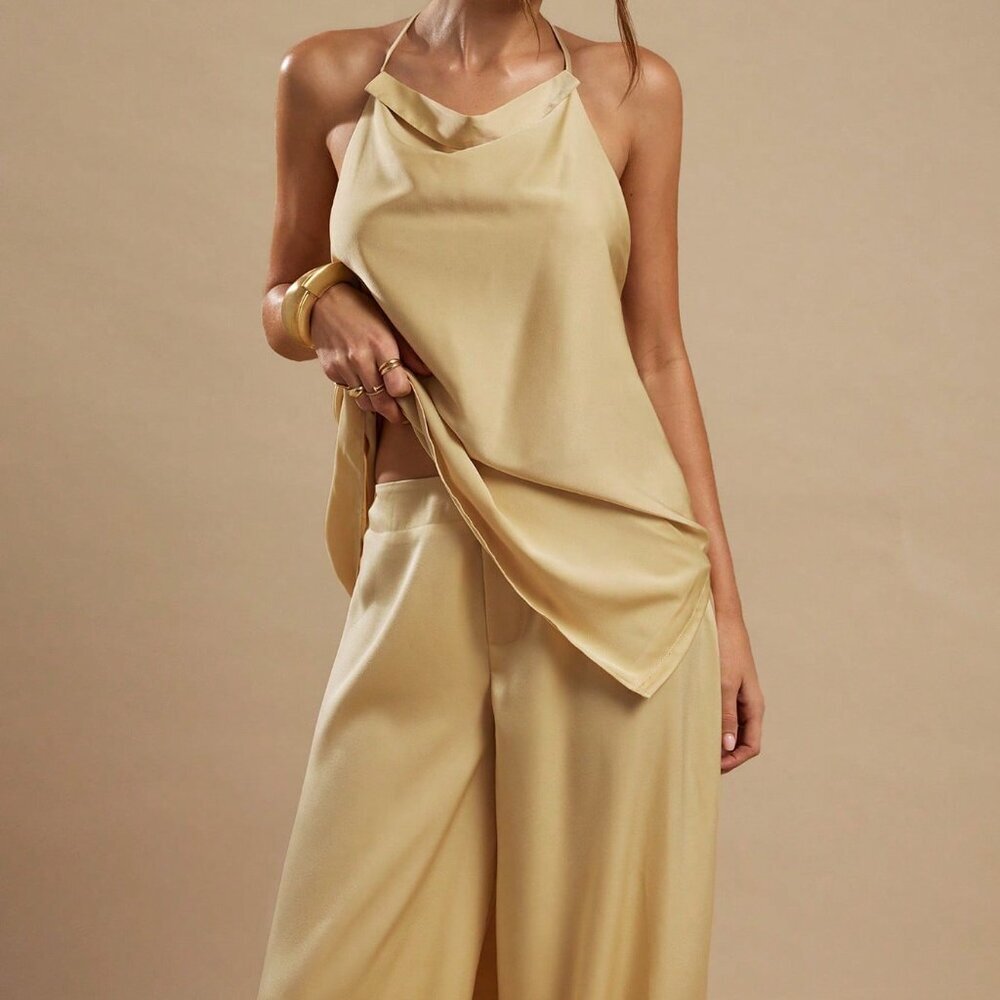 Yellow Casual Women's Satin Pant Set - Picture 7 of 7